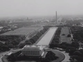 Black and white aerial image of the National Mall and the Washington Monument