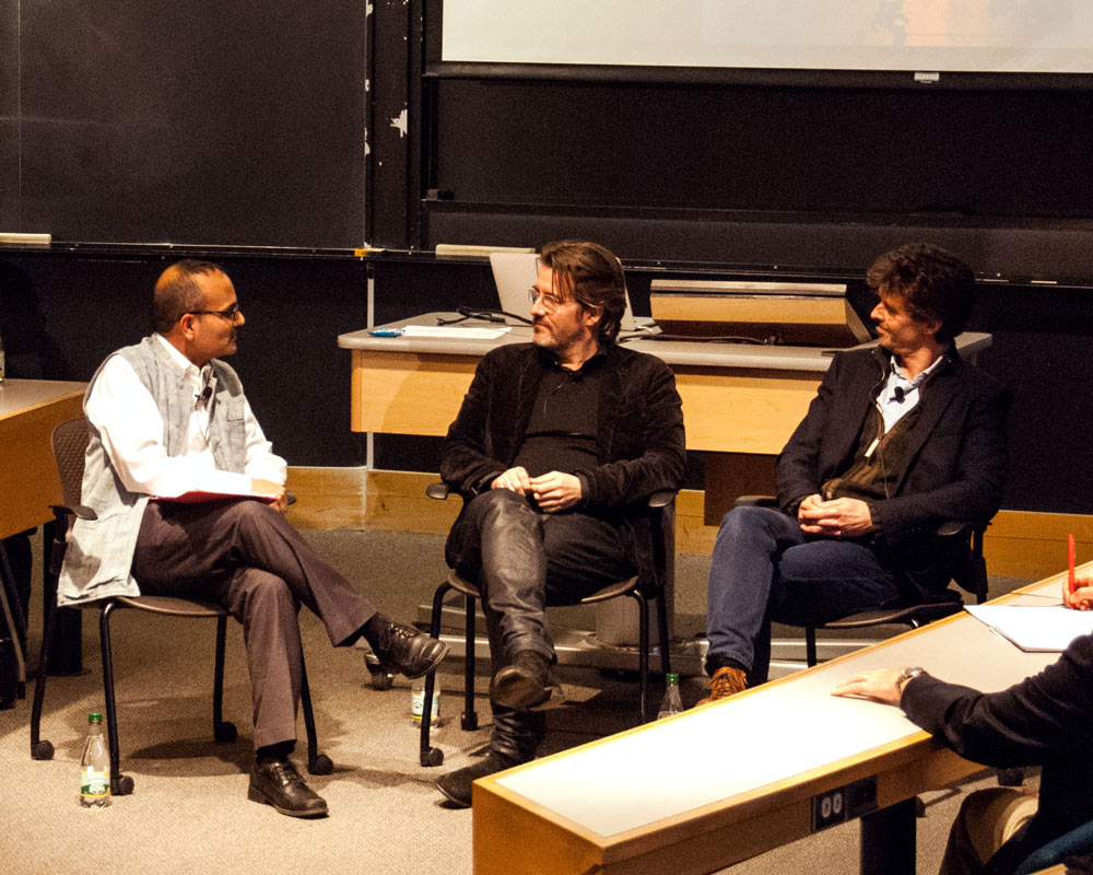 Olafur Eliasson and Frederik Ottesen, Co-founders of Little Sun, with Chintan Vaishnav, Senior Lecturer at the Sloan School of Management. Credit: Liz Woodward.