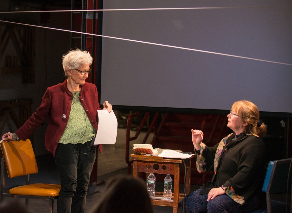  Joan Jonas (left) and Anna Kohler (right), Infinite Record Symposium, 2014. Photo: Jake Gunter.