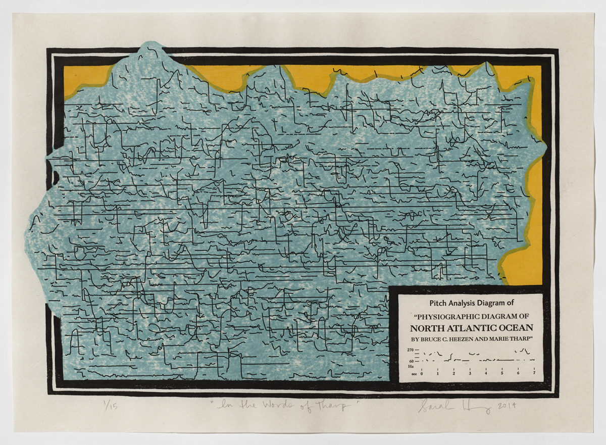 Sarah Hulsey, Diagraphia, In the Words of Tharp (a reimagining of Marie Tharp’s 1959 map of the ocean floor as a sound wave pitch diagram), woodcut, letterpress, 2013-15. Photo: Courtesy of the artist.