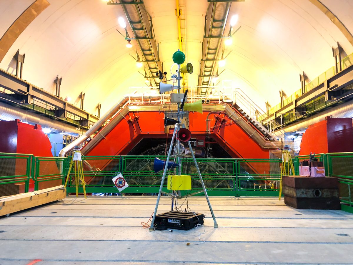 Installation view of sonic sculpture in colorful CERN in the LHC ALICE Detector in Switzerland.