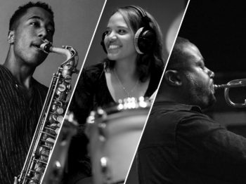 Three images combined into a collage featuring Sean Jones on trumpet, Braxton Cook with a saxiphone, and Terri Lyne Carrington on drums.