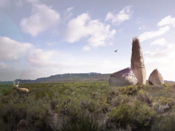 An artist's rendering of three structures built of wood and reeds in a grassy landscape with a wild deer and birds of prey flying overhead.