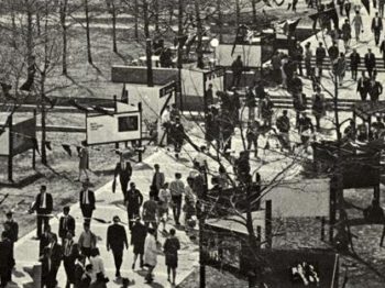 Photograph of a crowd in the Stratton Student Center Courtyard in 1968.