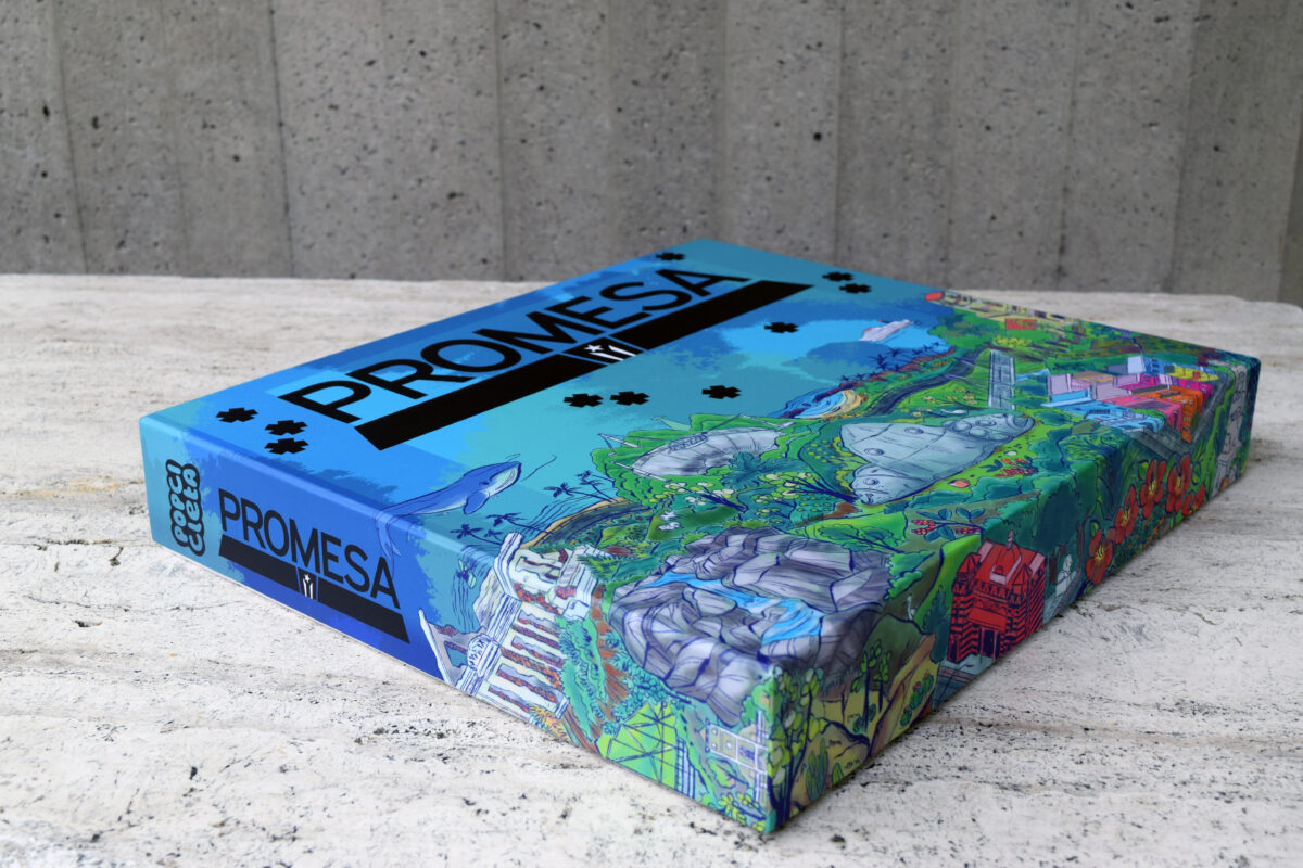 Colorful illustrations on the Promesa Board Game box.