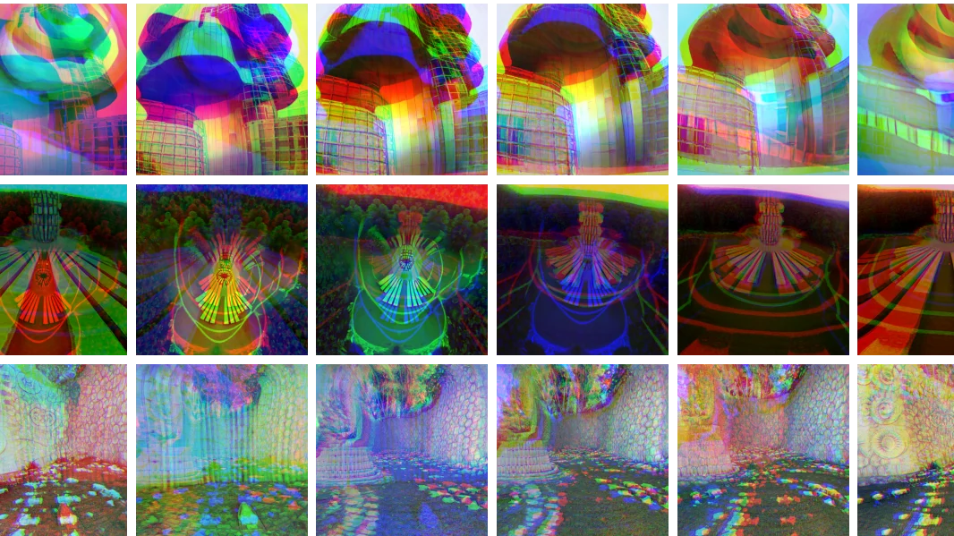 Grid of colorful stills from six separate video interpolations trained on photo documentation of six key Yugoslavian memorial monuments.